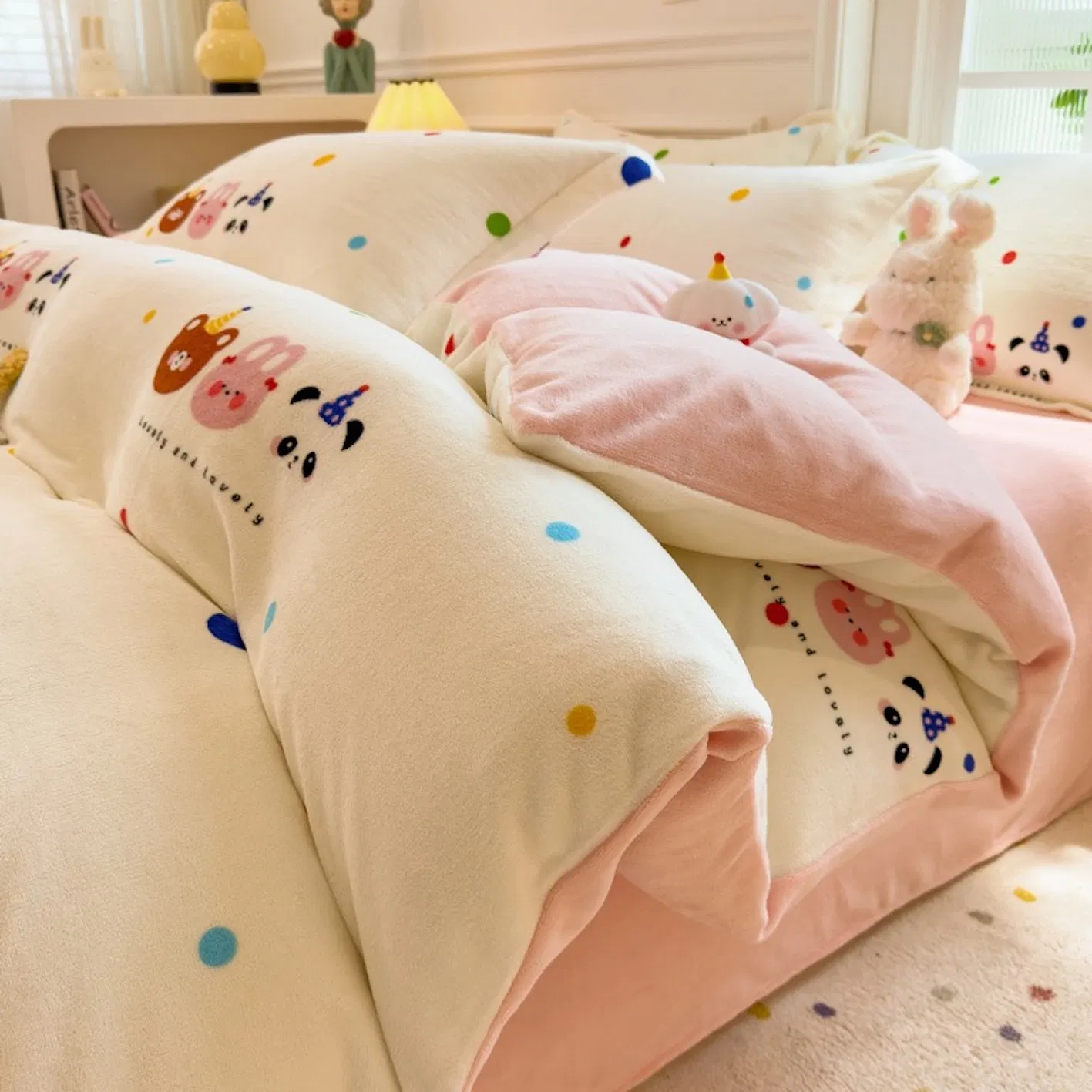 New Thicken Milk Velvet Cartoon Printing Duvet Comforter Cover Four Pieces Single Sabanas 1PCS Quilt Cover Fitted Sheet Pink Kids 3/4PCS Bedding Set for Winter