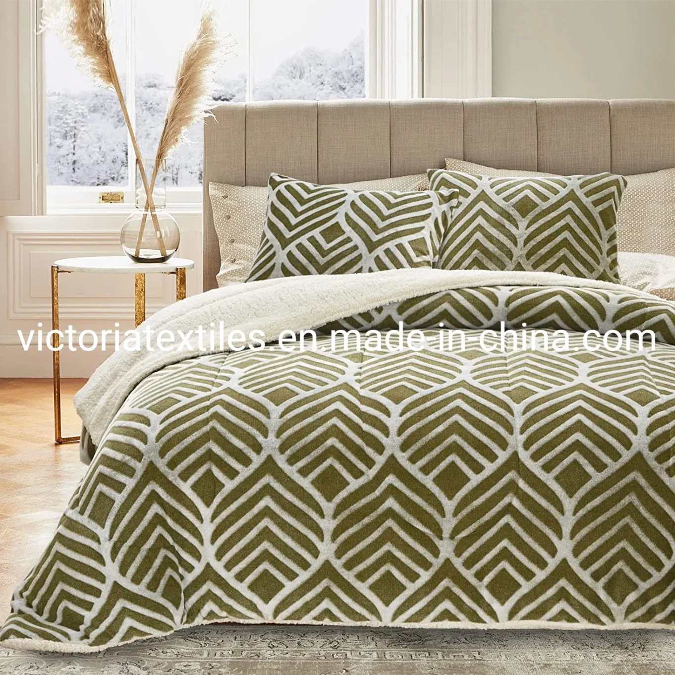 Winter Comforter Bedding Sets, Printed Softness Flannel Sherpa Comforter Set 3PCS