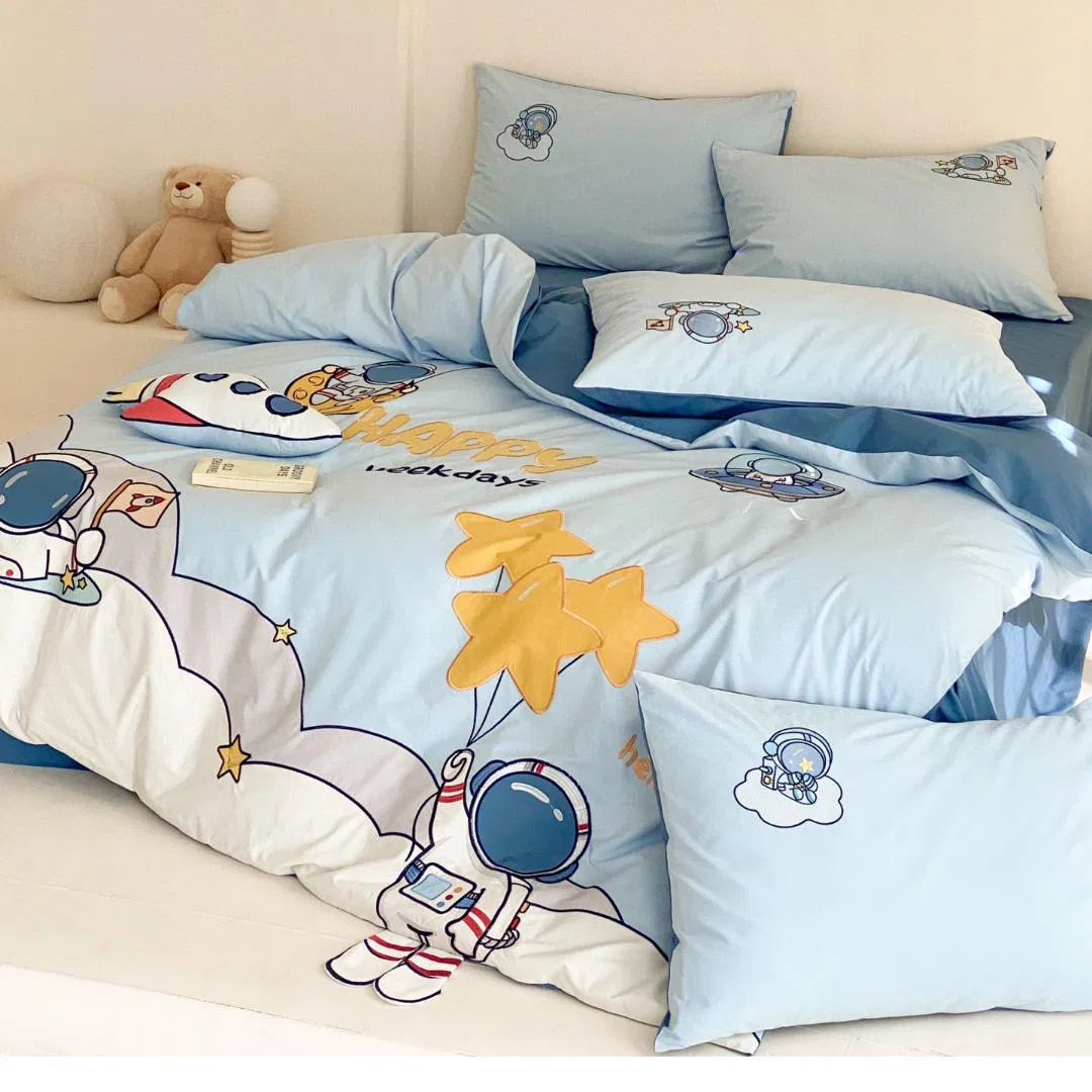 Blue High Quality Duvet Cover 100% Washed Cotton Pillow Sham Bed Sheet Embroidery Home Textile Cartoon King Size Flat Sheets Kids' Bedding Set Supplier