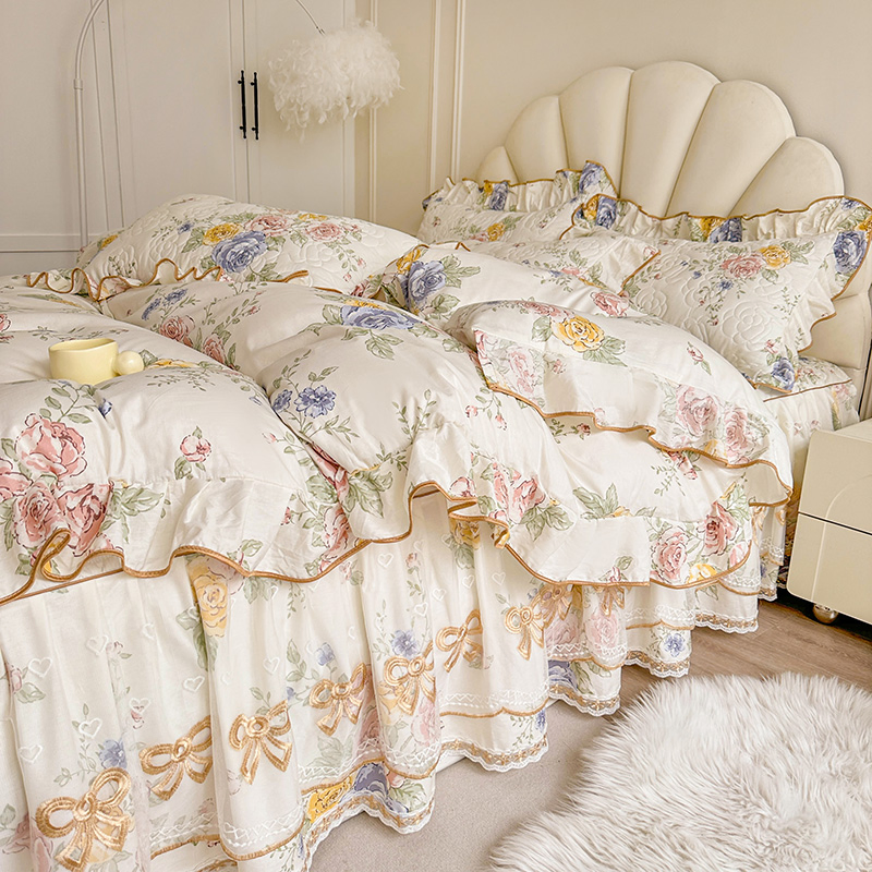 Double Layer Gauze Pure Cotton Four Piece Set Bed Skirt