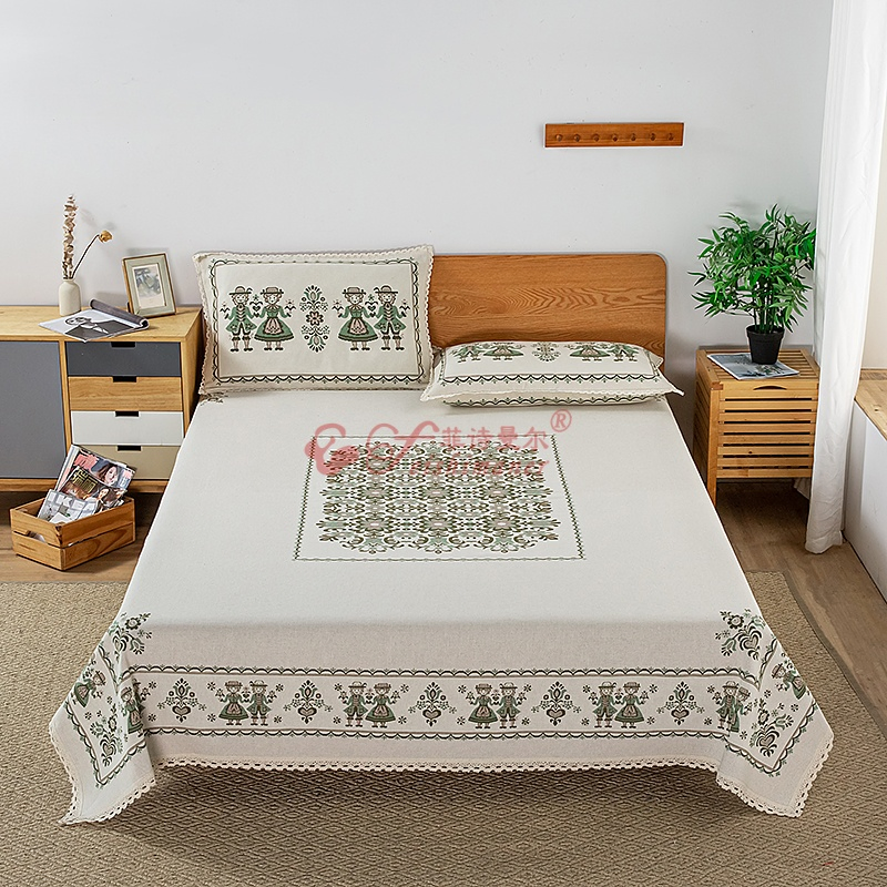 Cotton Hemp Three Piece Bedding Set with Jacquard Weaving Two Pillowcases Fitted Sheet for Home Use