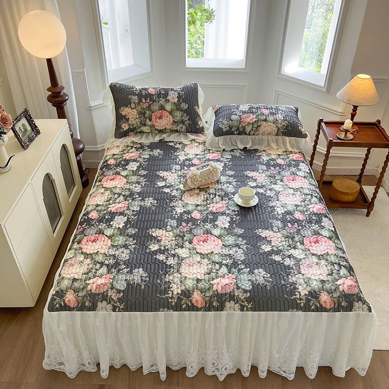 3-Piece Princess Wind Bed Skirt Bed Hats Do Not Pilling Not Shrinkage Floral Pattern Plant Style Bedding Set