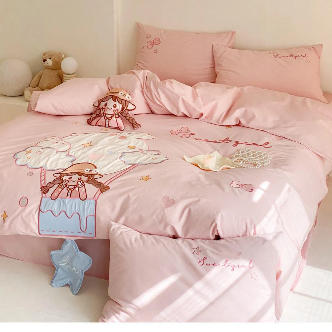 Wholesale High-Quality King Size Pink Bedsheets 100% Washed Cartoon Embroidery Duvet Cover King Size Home Textile 4PCS Pillowcases Kids' Bedding Sets
