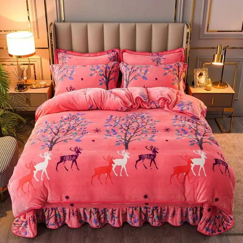 Red Floral Plant Jacquard Home Textile Milk Fleece Bed Sheets Bed Linen 1.8/2.2m Duvet Cover Flannel Four Piece Pillow Shams Bed Skirt Bedding Set Wholesale