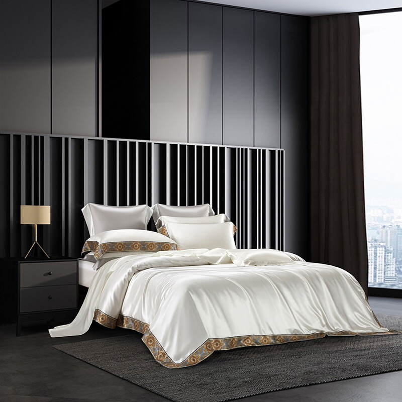 White Solid Color Silk Home Textile Patchwork Duvet Quilt Cover Premium Bed Linen Fitted Sheet Queen King Size Pillowcases Guangdong 4PCS Bedding Set Supplier