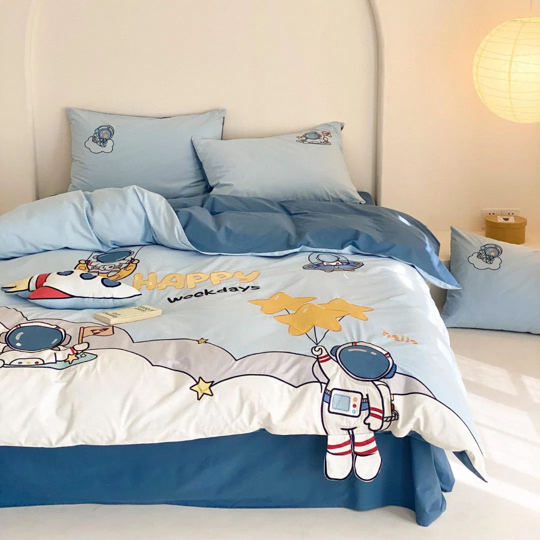 Blue High Quality Duvet Cover 100% Washed Cotton Pillow Sham Bed Sheet Embroidery Home Textile Cartoon King Size Flat Sheets Kids' Bedding Set Supplier
