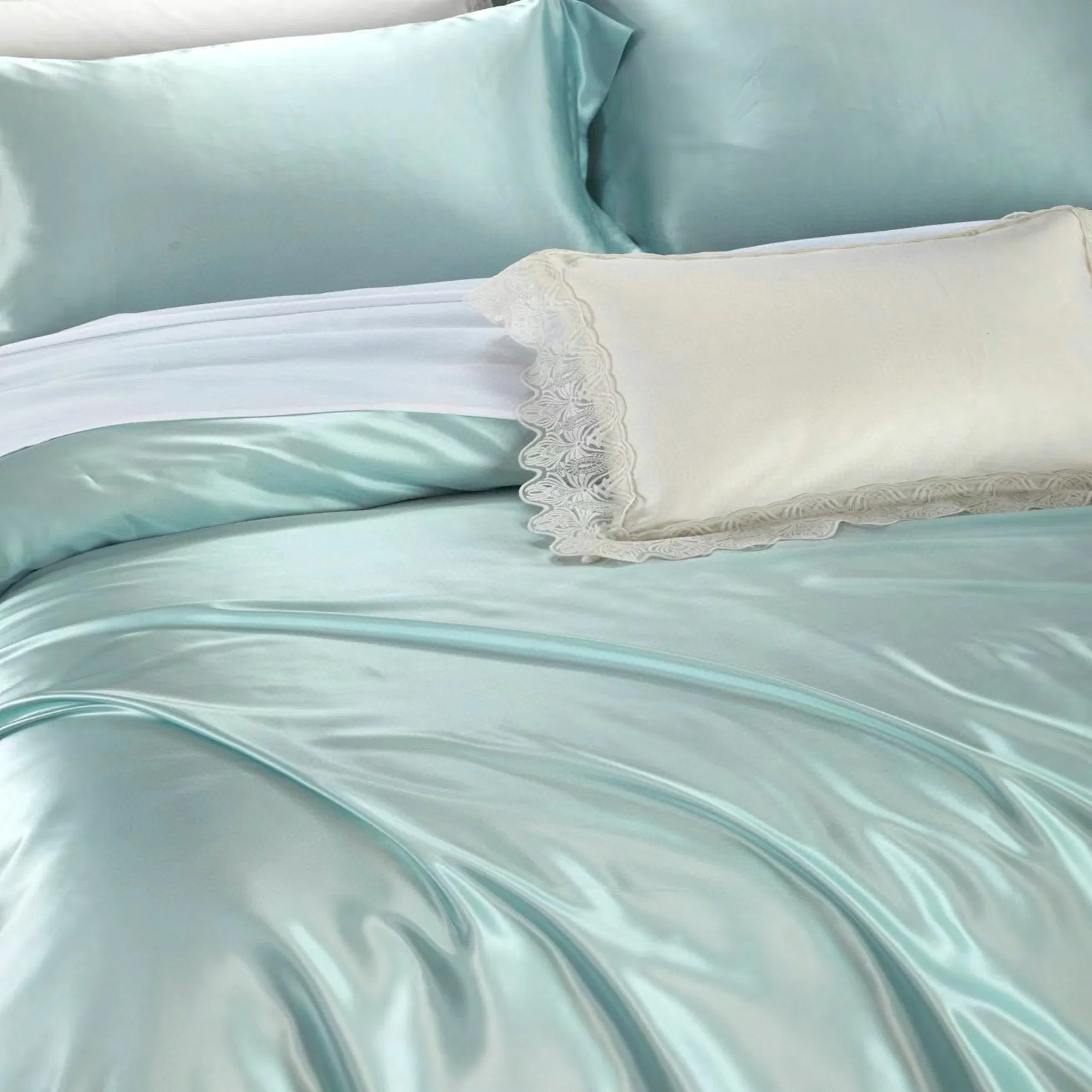 Light Green 100% Mulberry Silk Quilts Duvet Cover Flat Sheet Pillow Case Plain Color Bed Sheets Luxury Custom Four Piece Silky Bed Linen Bedding Set