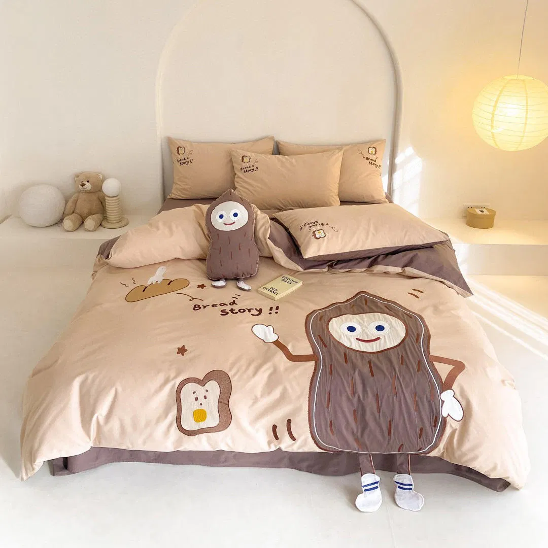Wholesale Cartoon Peanut Embroidered-Bedlinen Duvet Cover 100% Washed Cotton King Size Brown Quilt ODM Coverlets Bed Sheets Kids' 4PCS Home Bedding Set