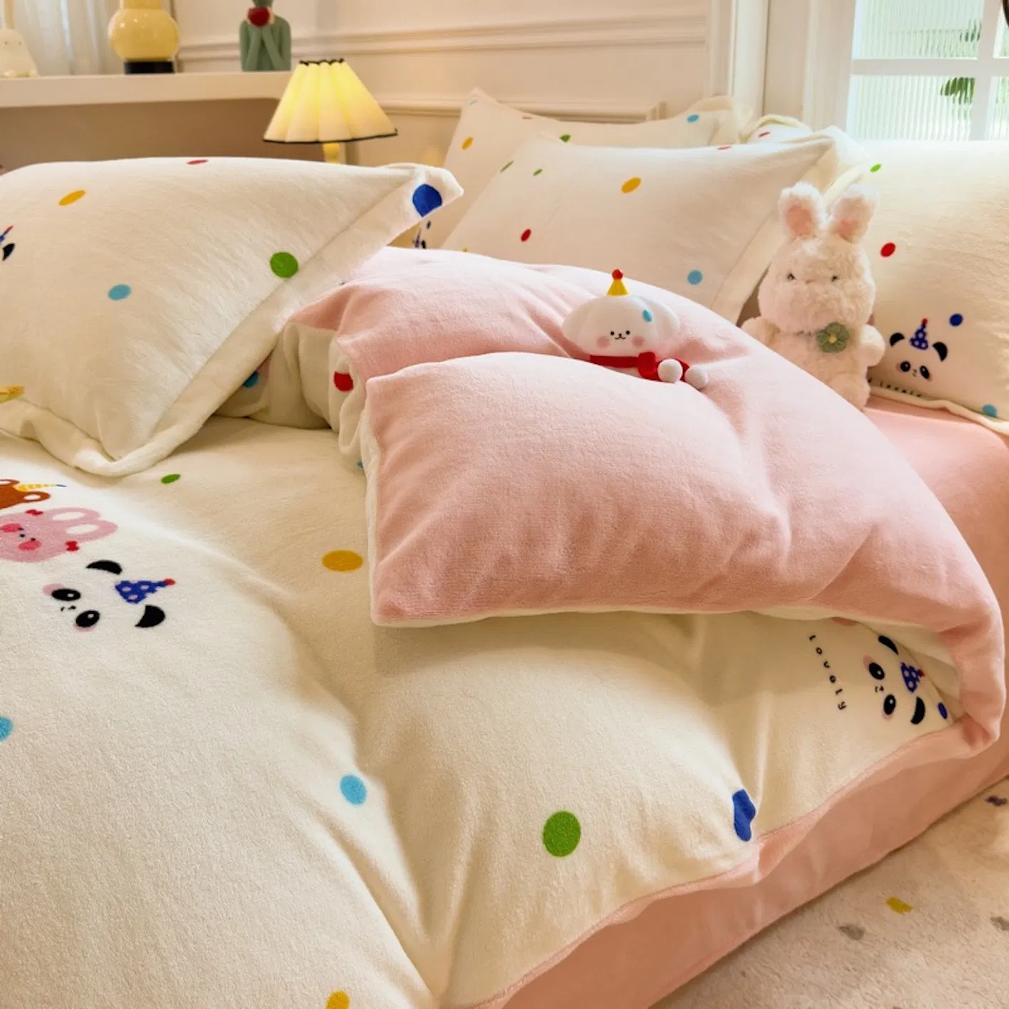 New Thicken Milk Velvet Cartoon Printing Duvet Comforter Cover Four Pieces Single Sabanas 1PCS Quilt Cover Fitted Sheet Pink Kids 3/4PCS Bedding Set for Winter