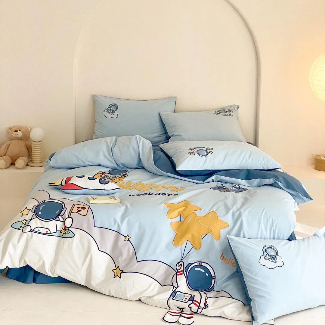 Blue High Quality Duvet Cover 100% Washed Cotton Pillow Sham Bed Sheet Embroidery Home Textile Cartoon King Size Flat Sheets Kids' Bedding Set Supplier