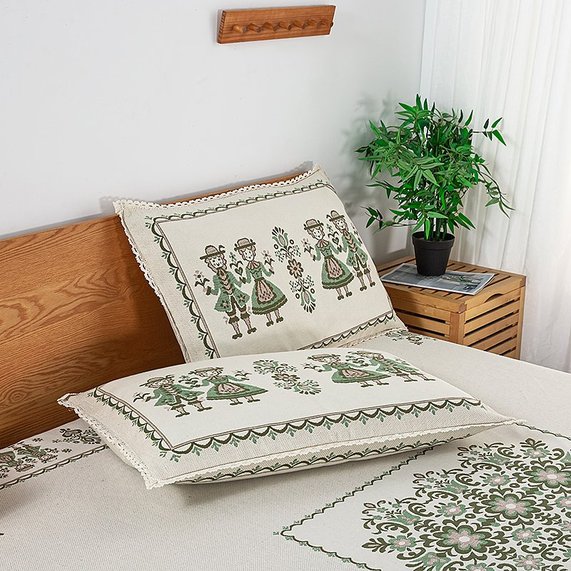 Cotton Hemp Three Piece Bedding Set with Jacquard Weaving Two Pillowcases Fitted Sheet for Home Use