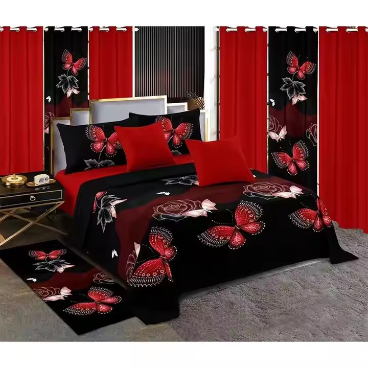 Butterfly Print Navy Blue 3D Printed Linen Blend Custom Multi King 4PCS Polyester Curtain Bedding Set