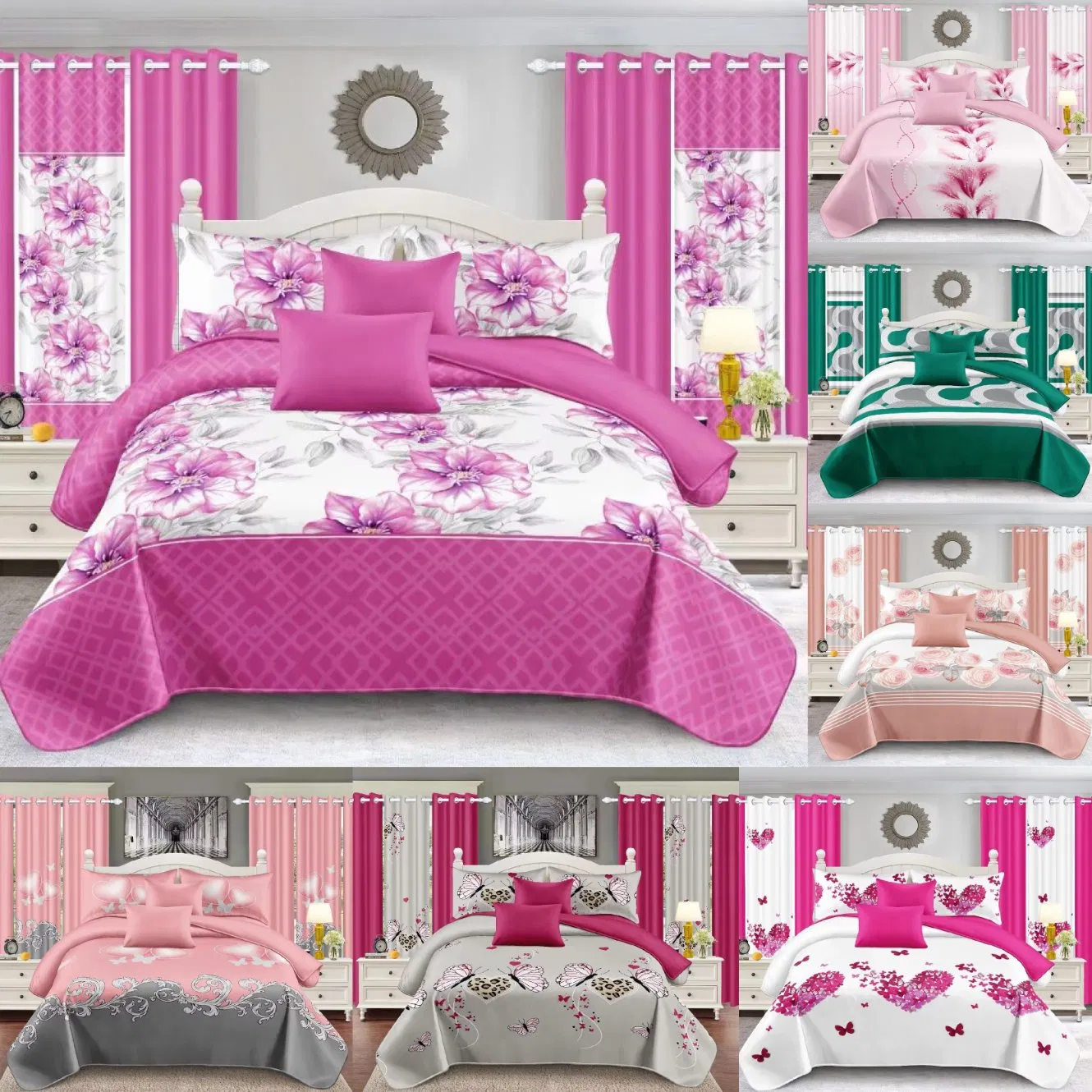 Wholesale 13-Piece/24PCS Green Bed Sheet Polyester Cotton Printed Bed Cover Bedding Set with Bedspread and Curtain for Bedroom