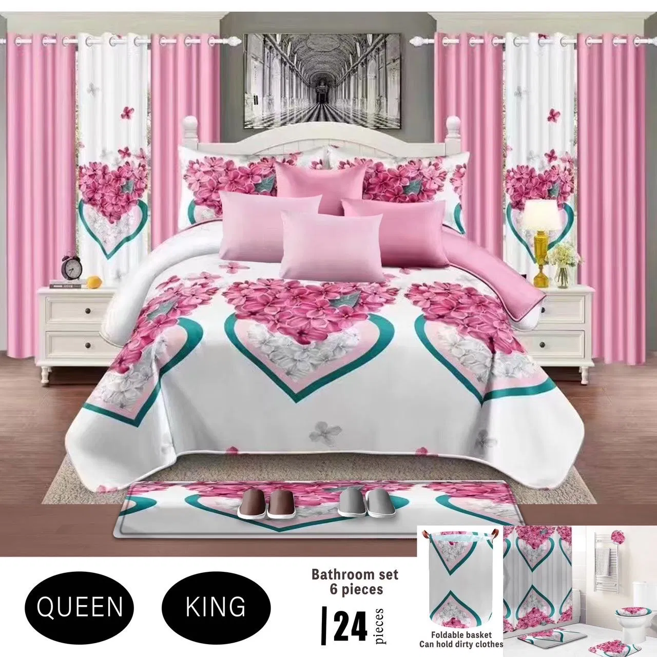 Factory Wholesale Blue Plant Print Bed Sheet Set 24-Piece Bedspread Home Textile Microfiber Bedroom Bedding Set with Curtain and Bed Cover