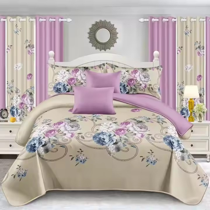 Butterfly Print Navy Blue 3D Printed Linen Blend Custom Multi King 4PCS Polyester Curtain Bedding Set
