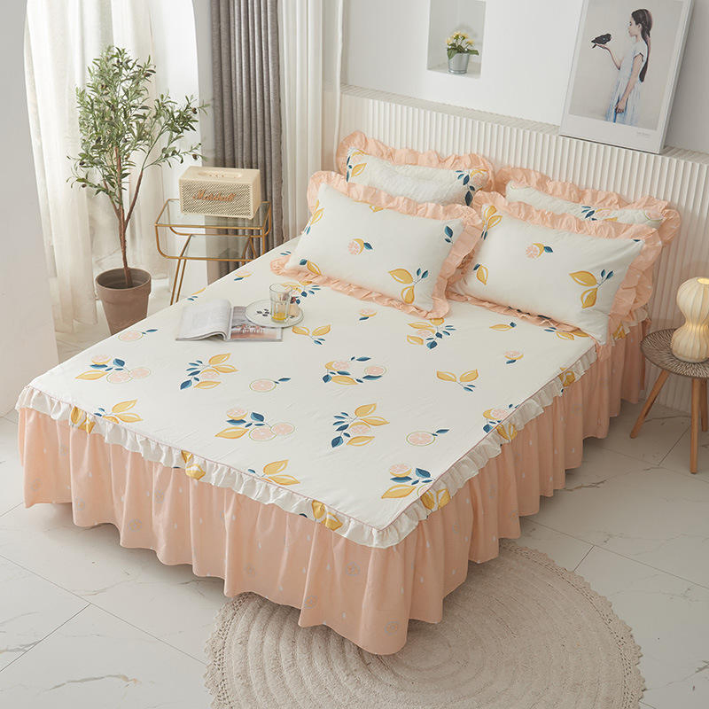 Floral Plants Printed Four Seasons Dustproof Bed Sheet Queen King Size Bed Skirt Mattress Cover