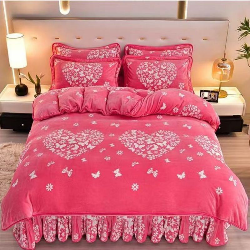 Pink Polyester Microfiber Four Piece Home Textile Milk Fleece Bed Skirt Bed Linen Flannel Comforter Duvet Cover Queen King Size Bed Sheets Jacquard Bedding Set