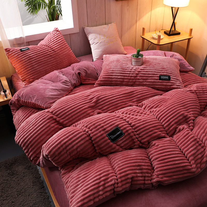 Winter Solid Color Milk Velvet Duvet Cover Double-Sided Warm Four-Piece Bedding Set Quilt Cover Set