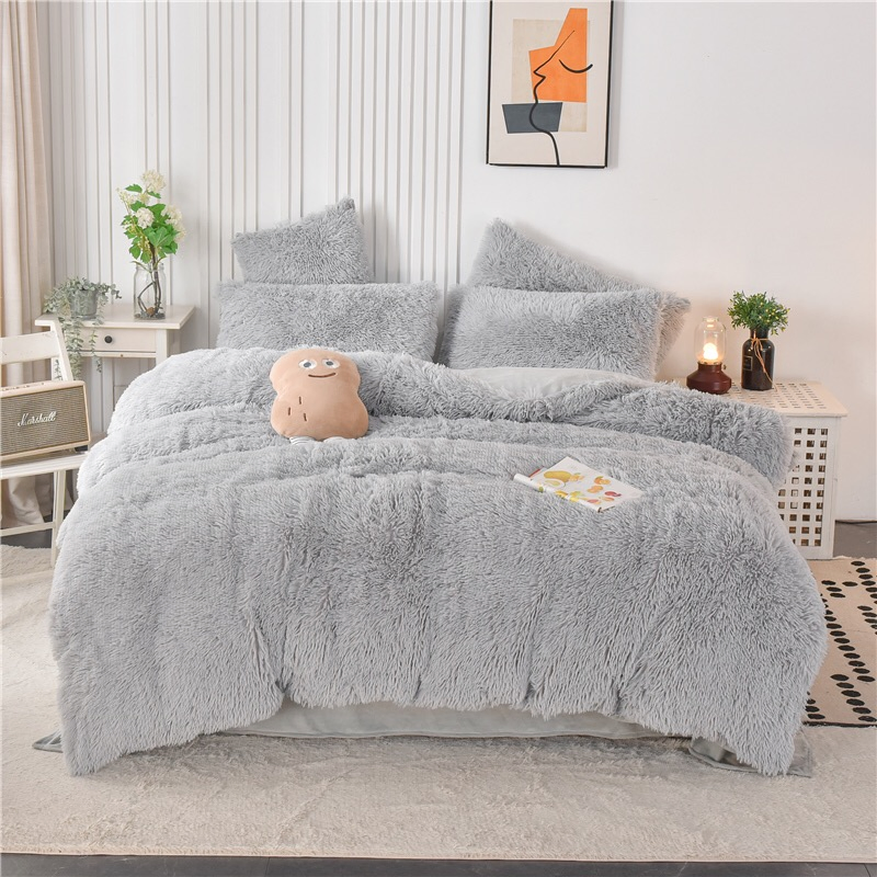 Wholesale Home Hotel Polyester Sabanas Grey Faux Fur Long Plush Fluffy Winter Warm 3PCS Full Queen King Size Bed Comforter Duvet Cover Bedding Set