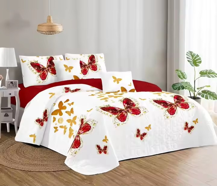 Butterfly Print Navy Blue 3D Printed Linen Blend Custom Multi King 4PCS Polyester Curtain Bedding Set