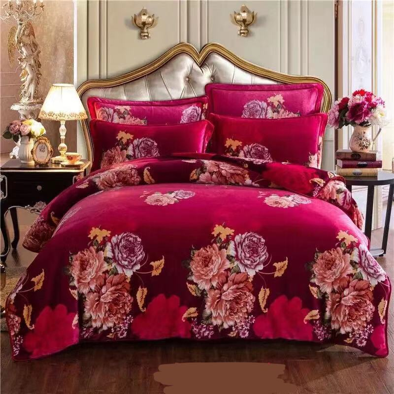 Red Floral Plant Jacquard Home Textile Milk Fleece Bed Sheets Bed Linen 1.8/2.2m Duvet Cover Flannel Four Piece Pillow Shams Bed Skirt Bedding Set Wholesale
