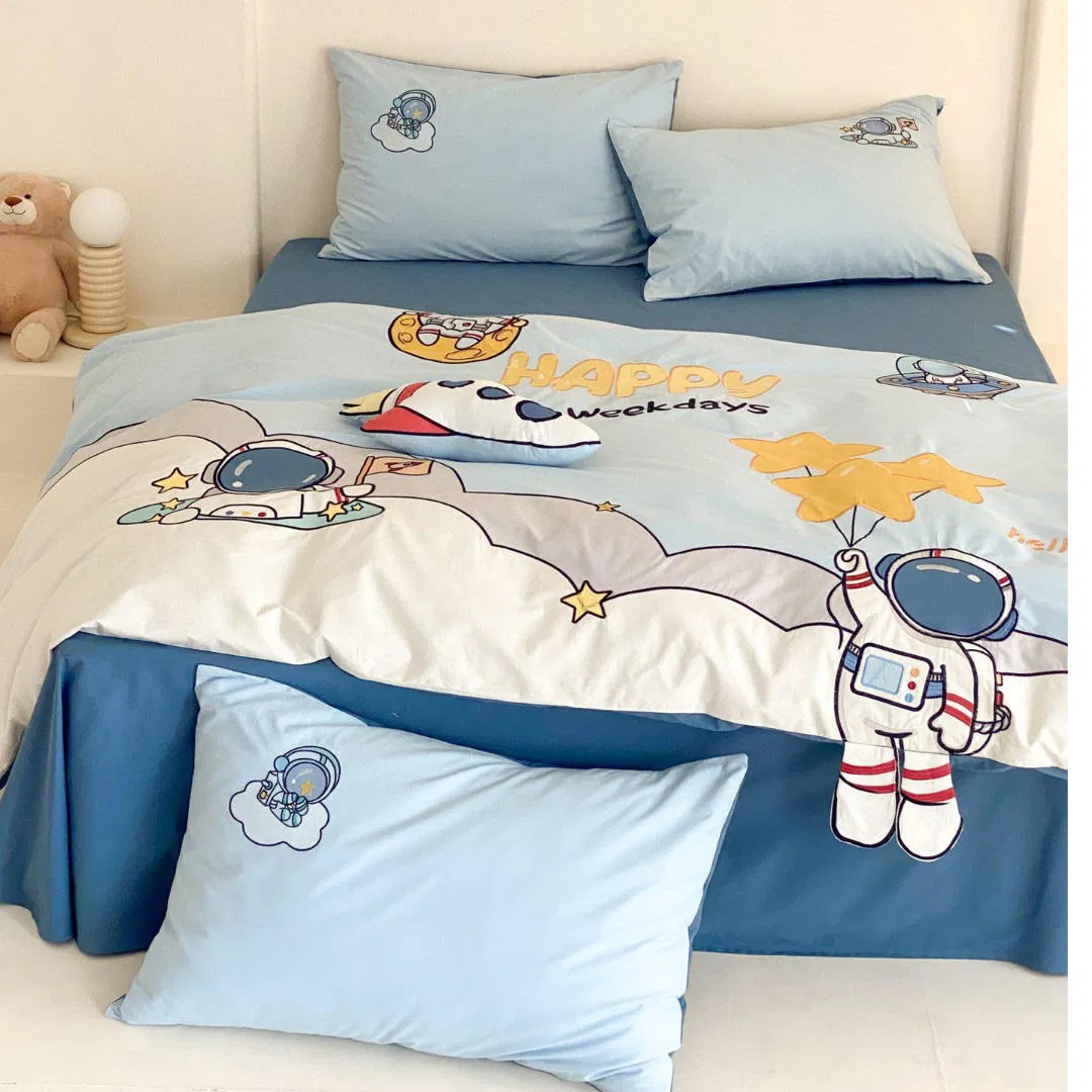 Blue High Quality Duvet Cover 100% Washed Cotton Pillow Sham Bed Sheet Embroidery Home Textile Cartoon King Size Flat Sheets Kids' Bedding Set Supplier