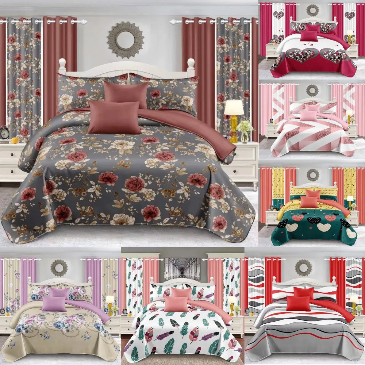 Wholesale 13-Piece/24PCS Green Bed Sheet Polyester Cotton Printed Bed Cover Bedding Set with Bedspread and Curtain for Bedroom