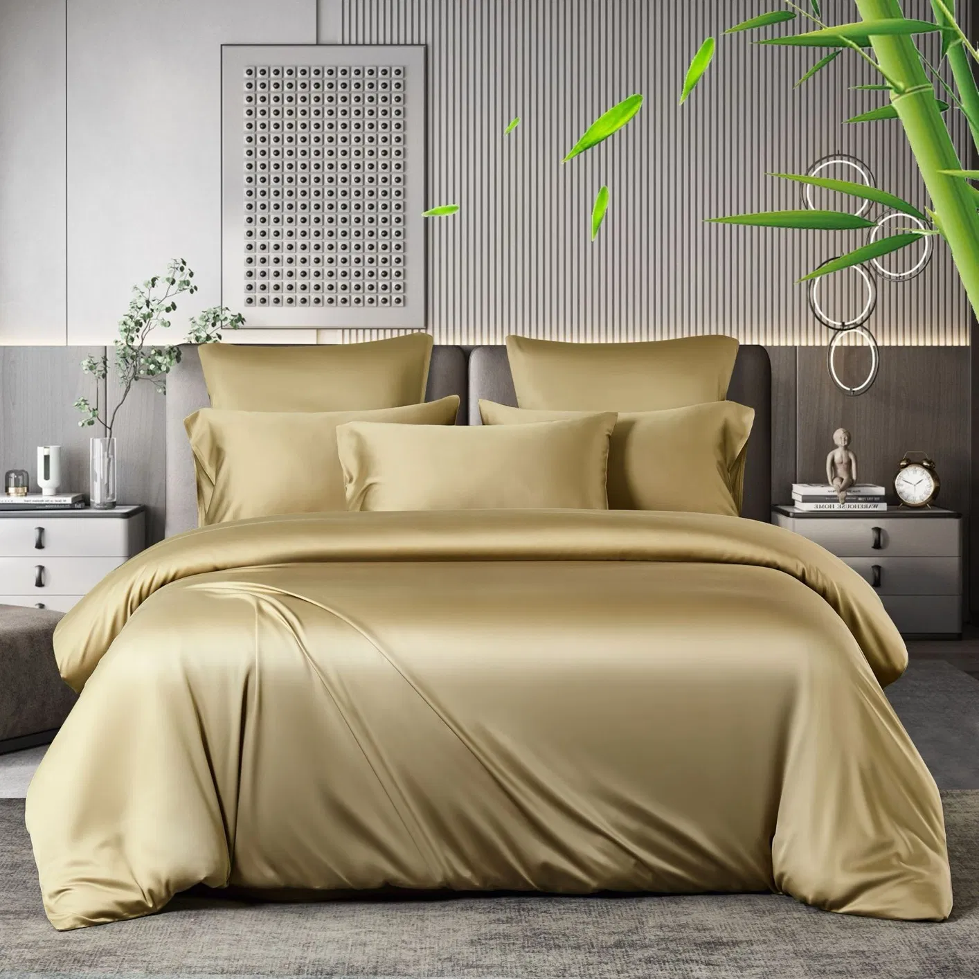 Cross-Border 100% Bamboo Fiber Bed Sheets Antibacterial Summer Quilt Cover Ice Silk Cool Light Luxury Hotel Home Textile Bedding Set in Stock