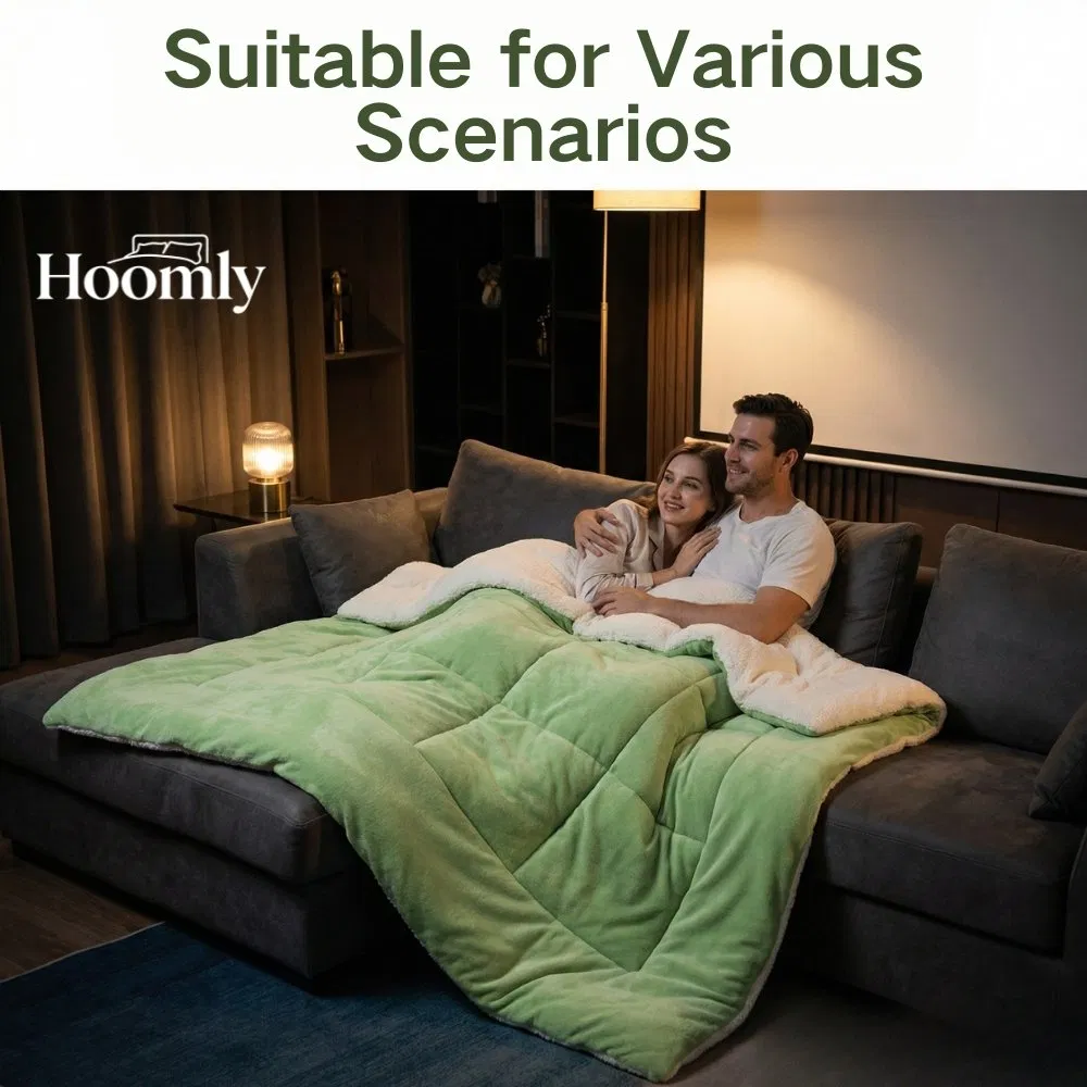 Hoomly Luxury Green Reversible Sherpa Fleece &amp; Flannel Velvet Comforter Set Home Textile Quilting Blanket