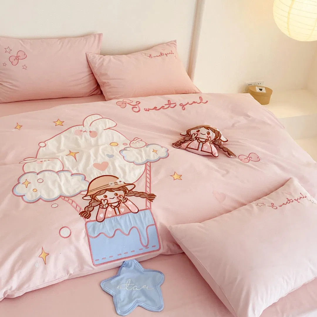 Wholesale High-Quality King Size Pink Bedsheets 100% Washed Cartoon Embroidery Duvet Cover King Size Home Textile 4PCS Pillowcases Kids' Bedding Sets