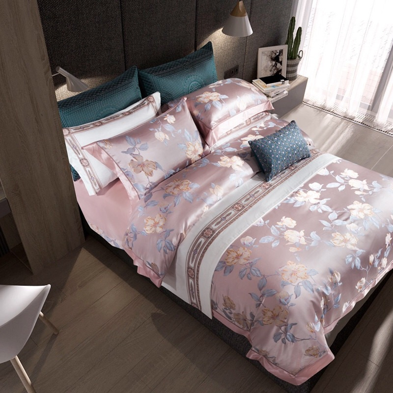 Pink Home Textile Yarn-Dyed Jacquard Duvet Cover Bed Linen Luxury Pillowcases Coverlets Mulberry Silk Home Bedroom Bed Sheets 4-Piece Bedding Set