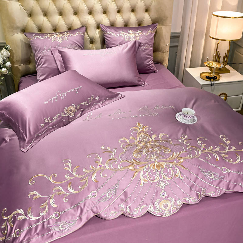 Odmoem Washed Silk Purple Quilt Comforter Duvet Cover Sabanas Queen King Bed Sheets Pillow Cases Bed Linen 4PCS Home Textile Luxury Gold Embroidery Bedding Set
