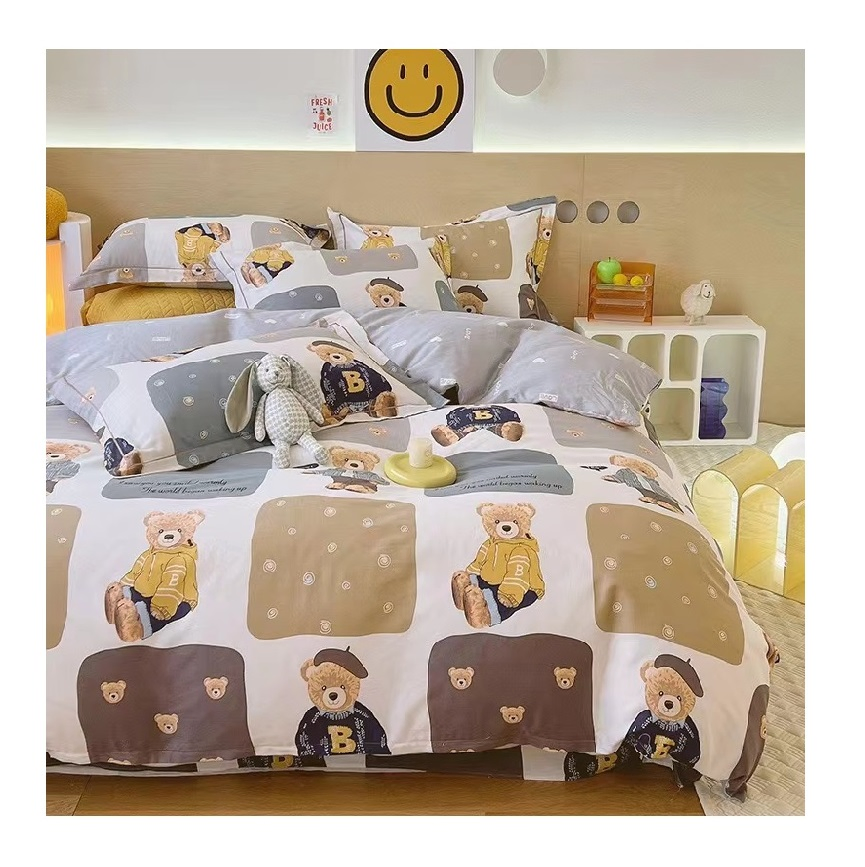 Hot Sale Fashion Cartoon Printed Bedding Cotton Duvet Cover 4PCS Kids Bedding Sets with Button Closure
