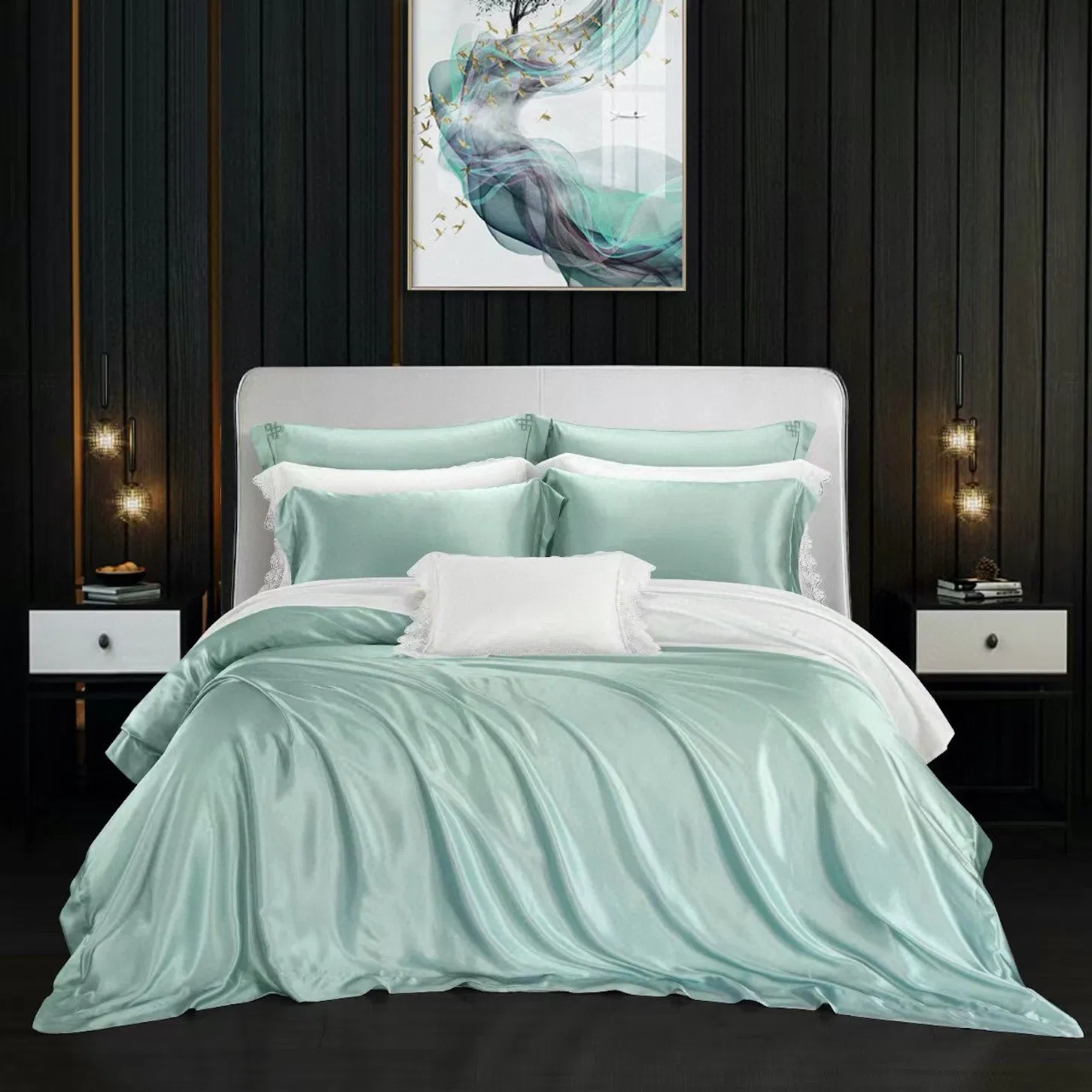 Light Green 100% Mulberry Silk Quilts Duvet Cover Flat Sheet Pillow Case Plain Color Bed Sheets Luxury Custom Four Piece Silky Bed Linen Bedding Set