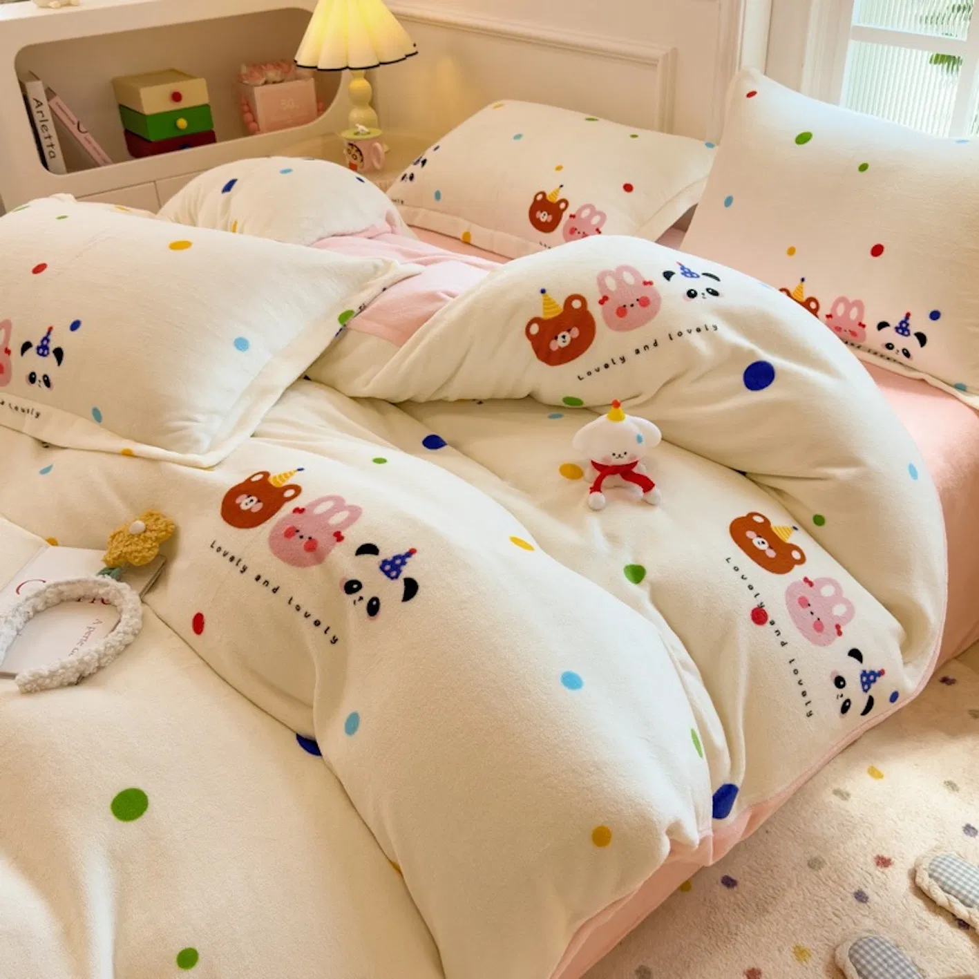 New Thicken Milk Velvet Cartoon Printing Duvet Comforter Cover Four Pieces Single Sabanas 1PCS Quilt Cover Fitted Sheet Pink Kids 3/4PCS Bedding Set for Winter