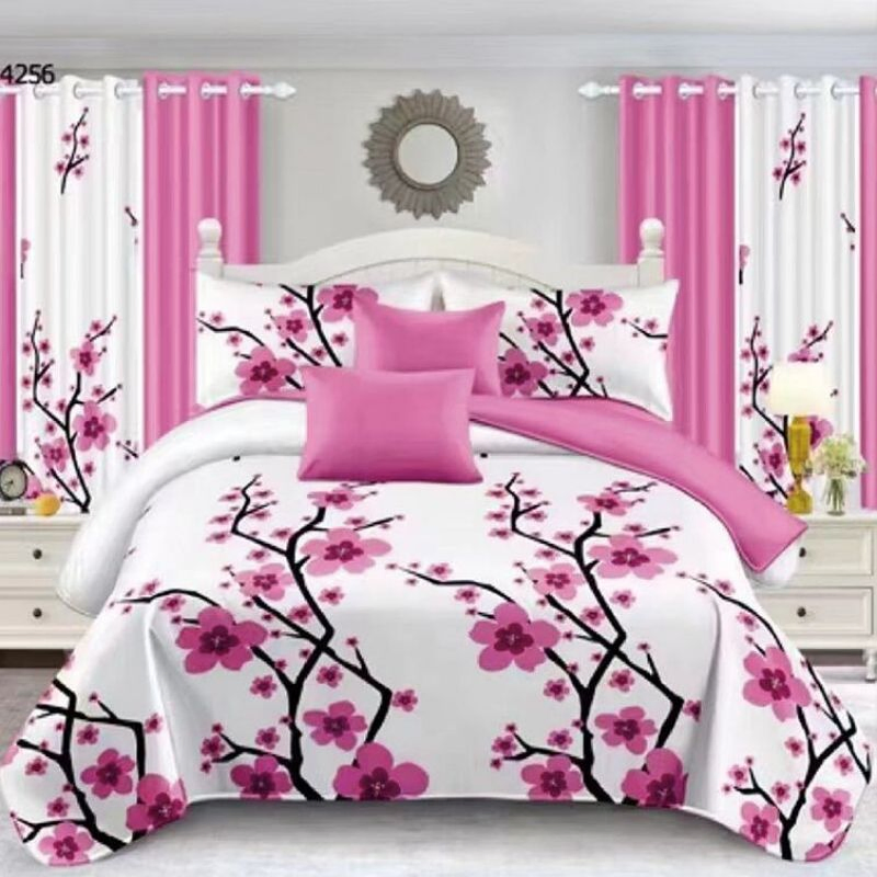 Microfiber Bed Linen Flat Sheets Duvet Cover Polyester Pillow Sham Pillowslips Comforter Set Printed Home Textile Purple Quilt Bedding Set with Curtain