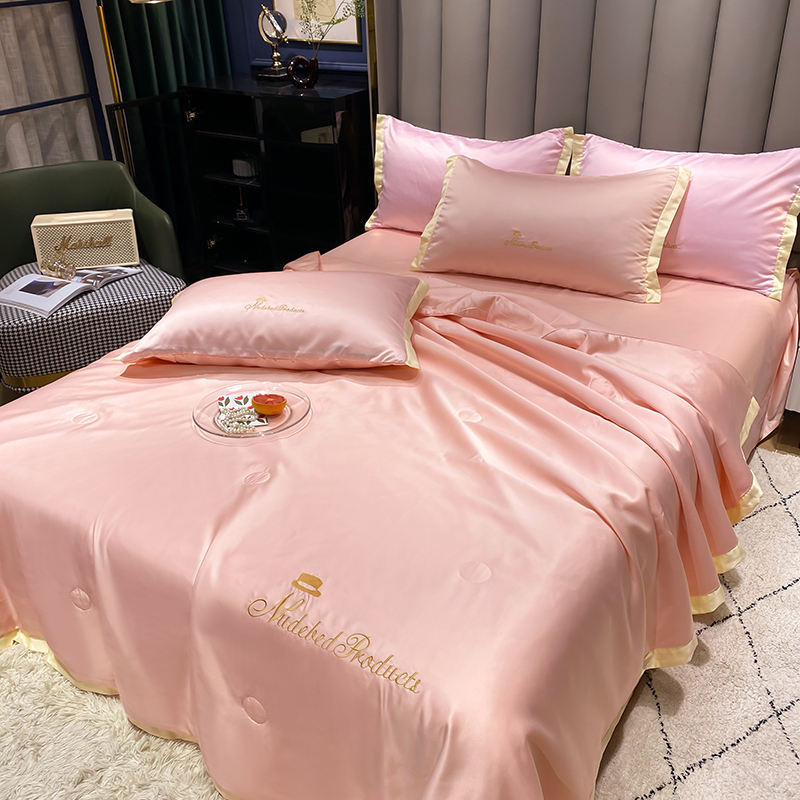 King Custom Size 4 PCS Cooling &amp; Breathable Quilt Bed Sheets Silk Quilt Ultra Smooth Washed Silk Embroidery Summer Quilt Bedding Set