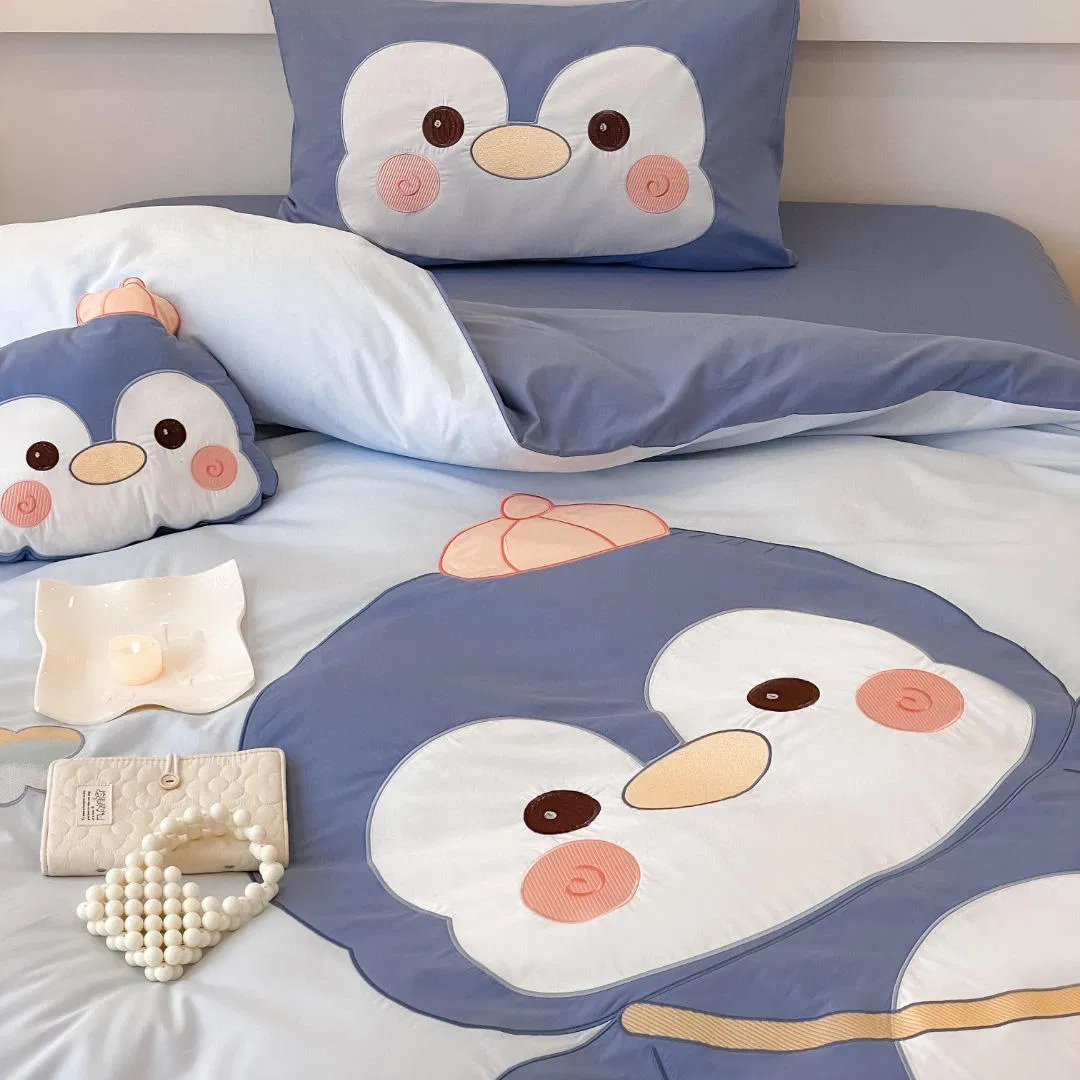Cartoon Embroidery Comforter Duvet Cover Soft 100% Washed Cotton Bed Linen Flat Sheets Blue Bedsheets Soft Pillowcases Coverlets Kids' Bedding Set Supplier