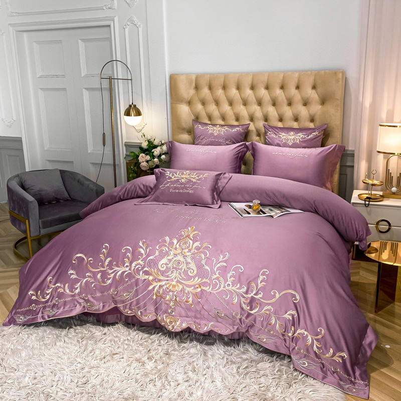 Odmoem Washed Silk Purple Quilt Comforter Duvet Cover Sabanas Queen King Bed Sheets Pillow Cases Bed Linen 4PCS Home Textile Luxury Gold Embroidery Bedding Set