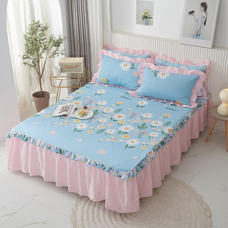 Floral Plants Printed Four Seasons Dustproof Bed Sheet Queen King Size Bed Skirt Mattress Cover