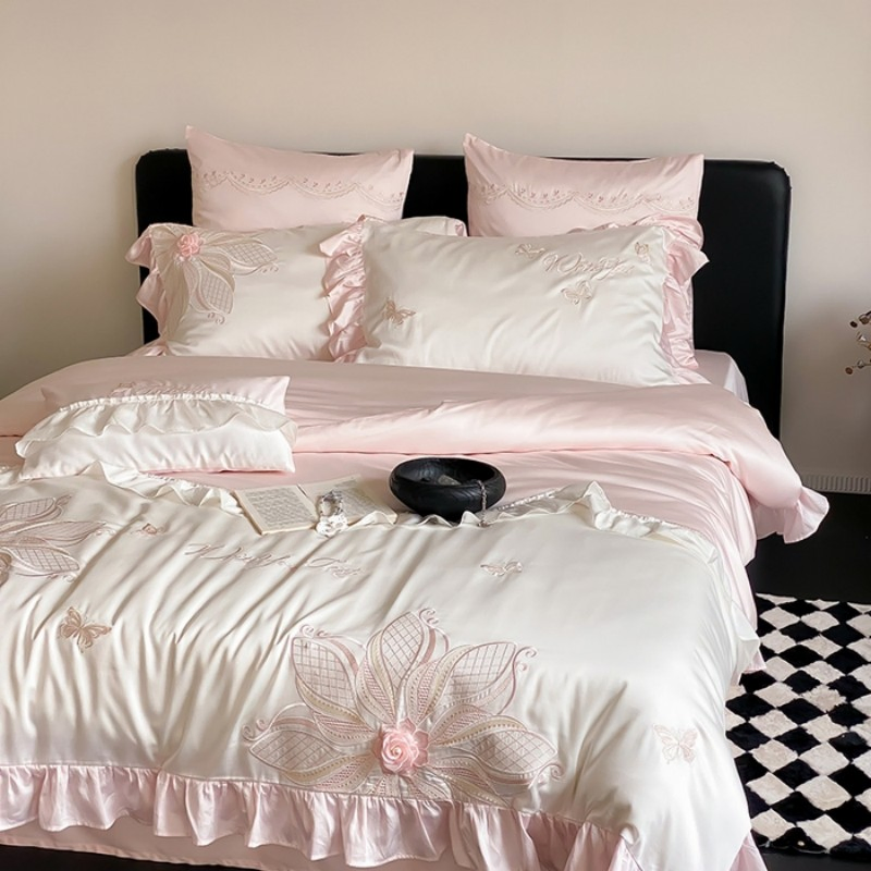 Class a Pink Lyocell Bamboo Fiber Embroidered Duvet Cover Cooling Bed Sheets Home Four-Piece Bedding Set