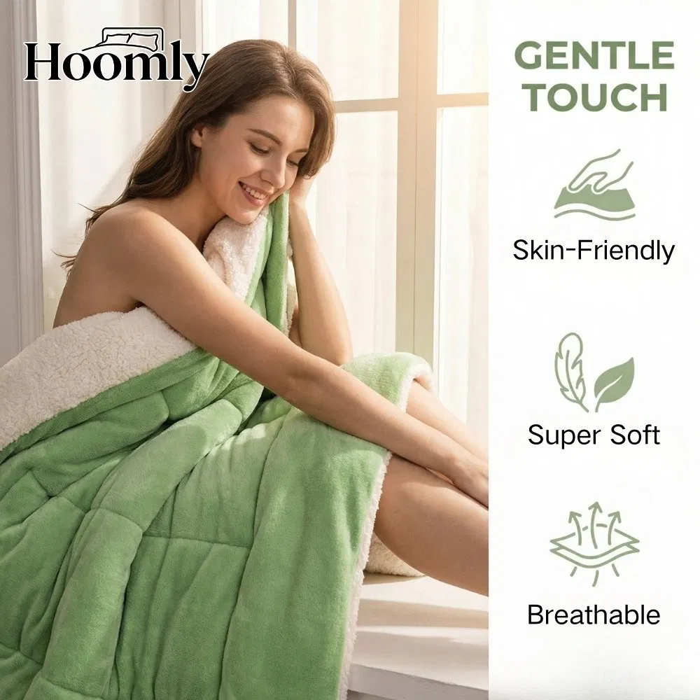 Hoomly Luxury Green Reversible Sherpa Fleece &amp; Flannel Velvet Comforter Set Home Textile Quilting Blanket