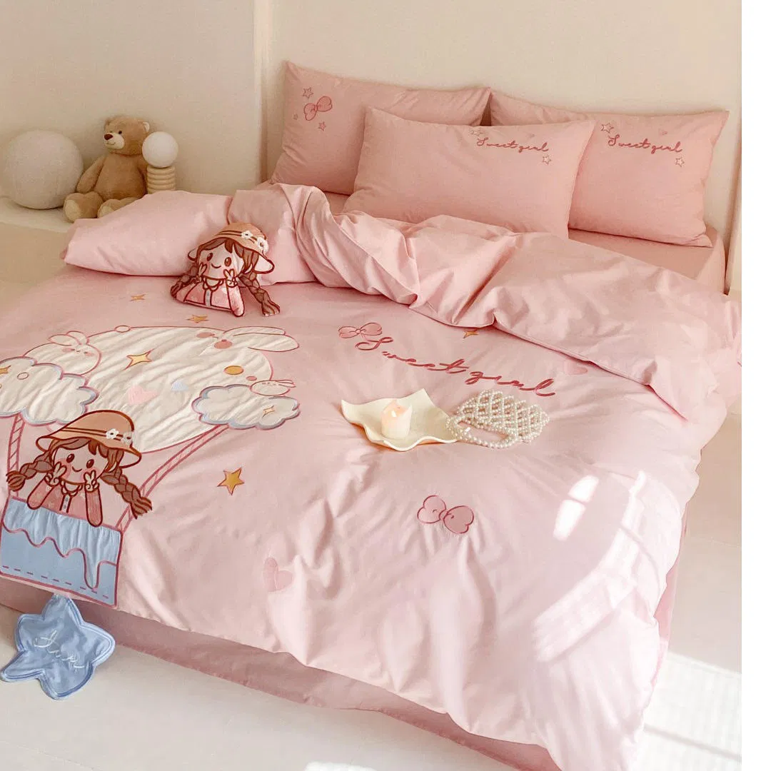 Wholesale High-Quality King Size Pink Bedsheets 100% Washed Cartoon Embroidery Duvet Cover King Size Home Textile 4PCS Pillowcases Kids' Bedding Sets
