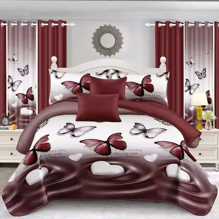 Butterfly Print Navy Blue 3D Printed Linen Blend Custom Multi King 4PCS Polyester Curtain Bedding Set