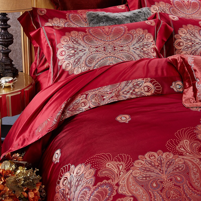 Luxury Red Mulberry Silk Home Textile Premium Yarn-Dyed Jacquard Duvet Quilt Comforter Cover ODM/OEM Coverlets Pillowcases Bed Sheet Bedding Set Wholesale