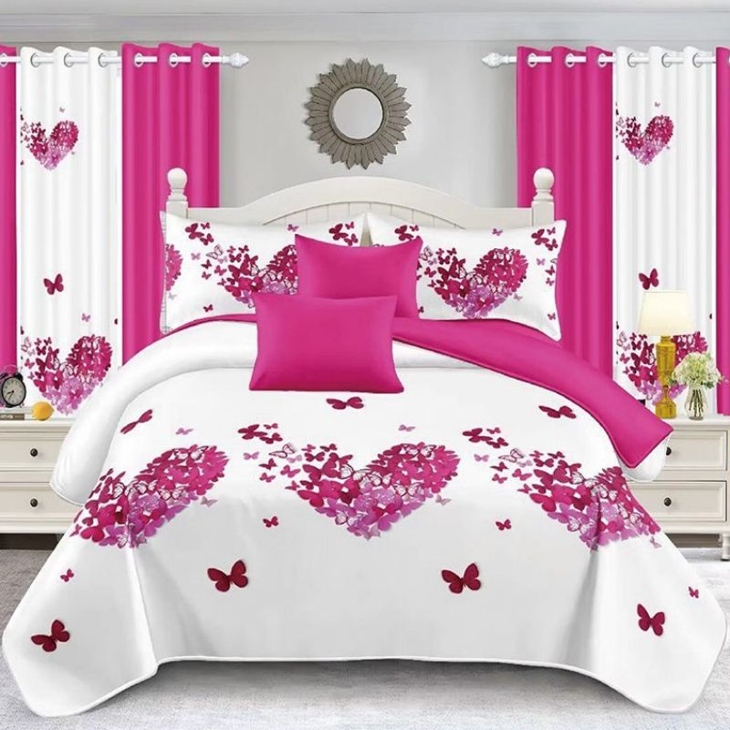 Microfiber Bed Linen Flat Sheets Duvet Cover Polyester Pillow Sham Pillowslips Comforter Set Printed Home Textile Purple Quilt Bedding Set with Curtain