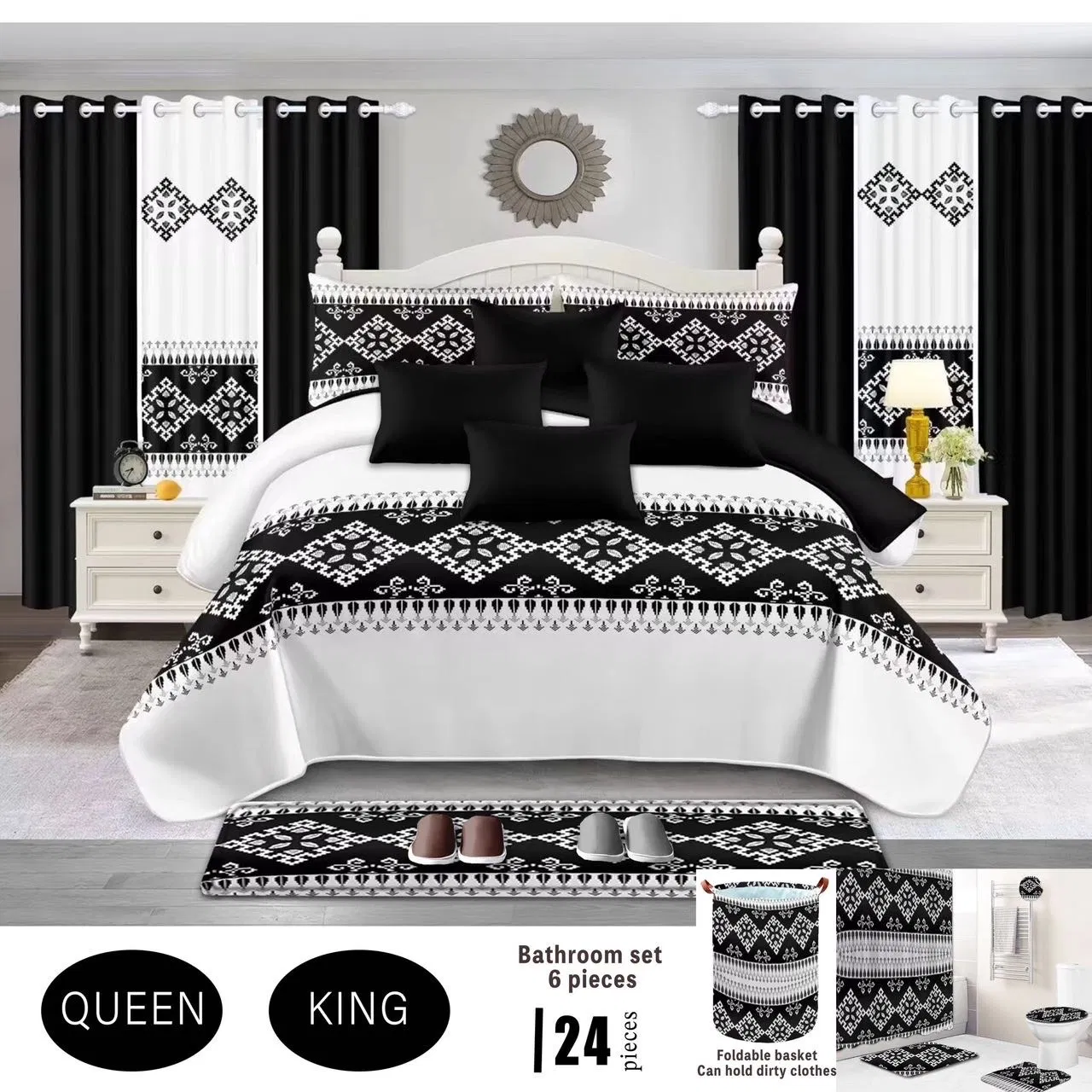 Factory Wholesale Blue Plant Print Bed Sheet Set 24-Piece Bedspread Home Textile Microfiber Bedroom Bedding Set with Curtain and Bed Cover