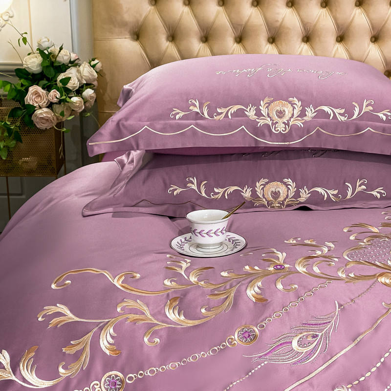 Odmoem Washed Silk Purple Quilt Comforter Duvet Cover Sabanas Queen King Bed Sheets Pillow Cases Bed Linen 4PCS Home Textile Luxury Gold Embroidery Bedding Set