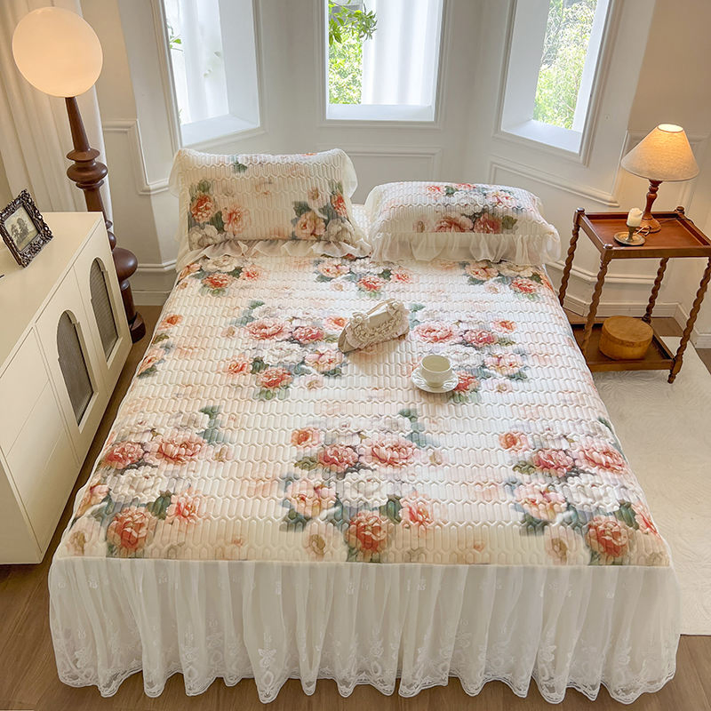 3-Piece Princess Wind Bed Skirt Bed Hats Do Not Pilling Not Shrinkage Floral Pattern Plant Style Bedding Set