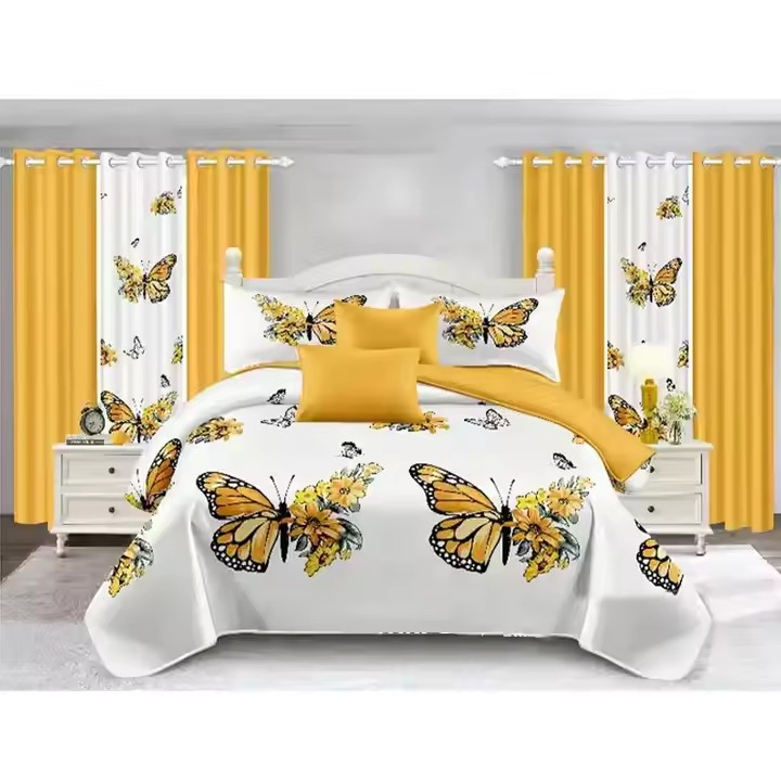 Butterfly Print Navy Blue 3D Printed Linen Blend Custom Multi King 4PCS Polyester Curtain Bedding Set